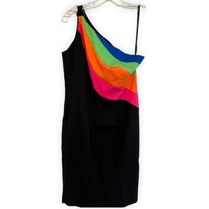 Vintage Y2K Dress One Shoulder Geometrie Black Neon Rainbow Stripes 6/M BodyCon